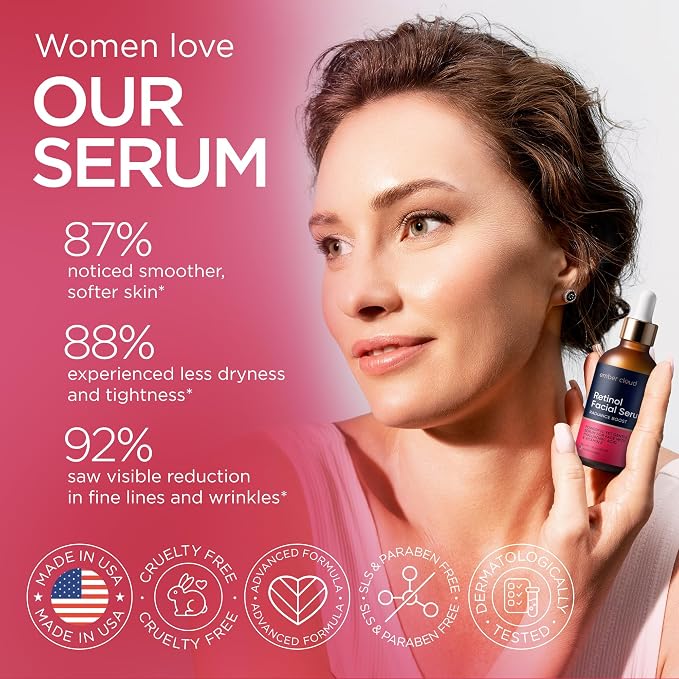 Retinol Serum for Face with Hyaluronic Acid, Vitamin E & Aloe Vera Anti-Aging Serum Supports Even Tone and Hydration Paraben&Fragrance-Free Cruelty Free All Skin Types Made in USA (1 Oz)