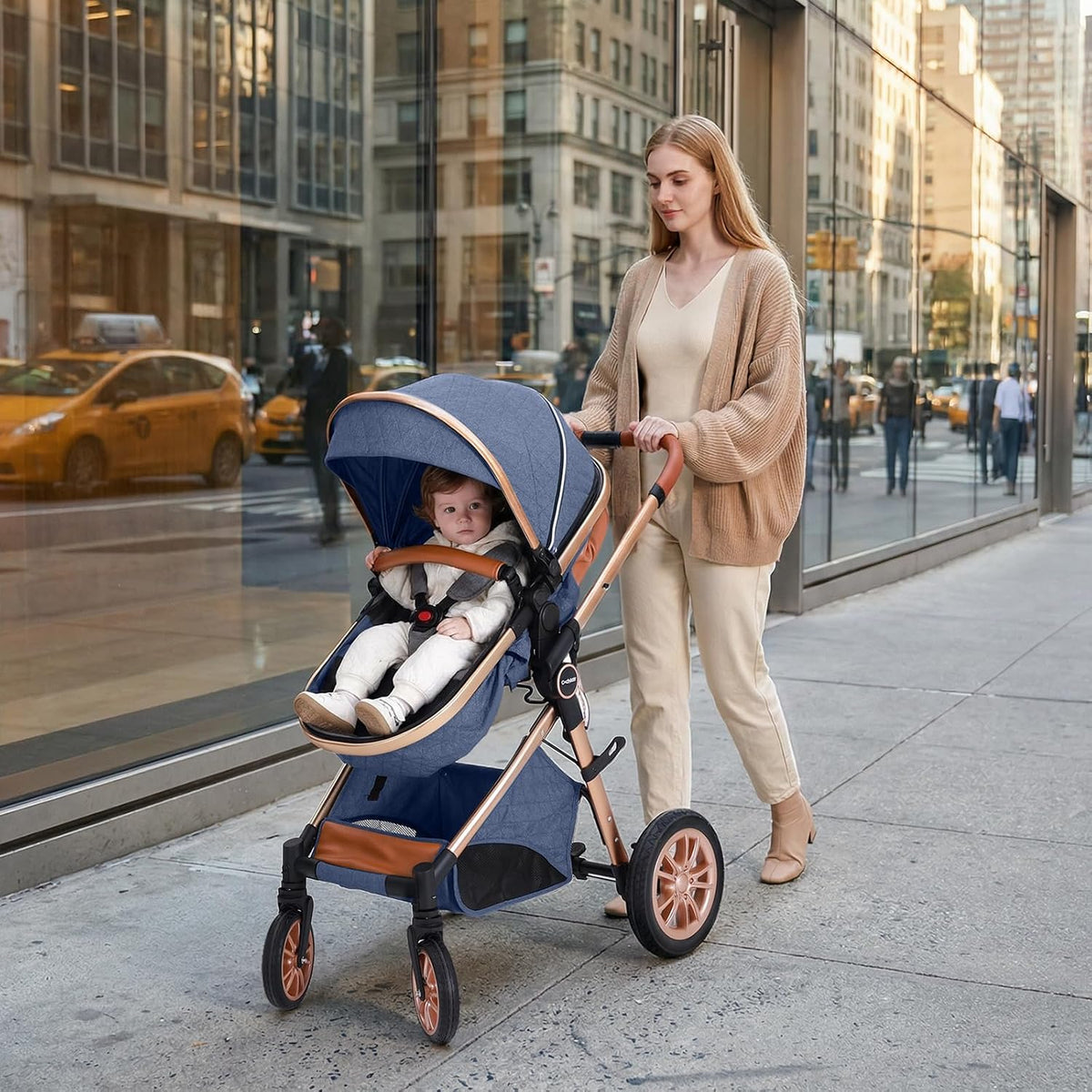 Luxury 2-in-1 Baby Stroller, Foldable Travel Stroller for Newborn to Toddler, Convertible Stroller with All-Terrain Wheels and UPF 50+ Canopy, Baby Glide Blue Stroller