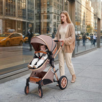 Luxury 2-in-1 Baby Stroller, Foldable Travel Stroller for Newborn to Toddler, Convertible Stroller with All-Terrain Wheels and UPF 50+ Canopy, Baby Glide Khaki Stroller