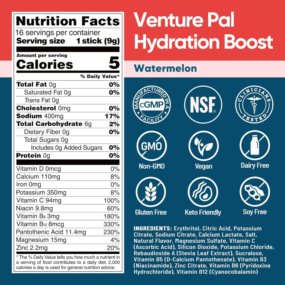 Venture Pal Sugar Free Electrolyte Powder Packets - Liquid Daily IV Hydration Packets for Rapid Rehydration | 7 Electrolytes & 5 Vitamins | Keto Friendly | Non-GMO | Vegan | Fast Dissolve | 16 Sticks