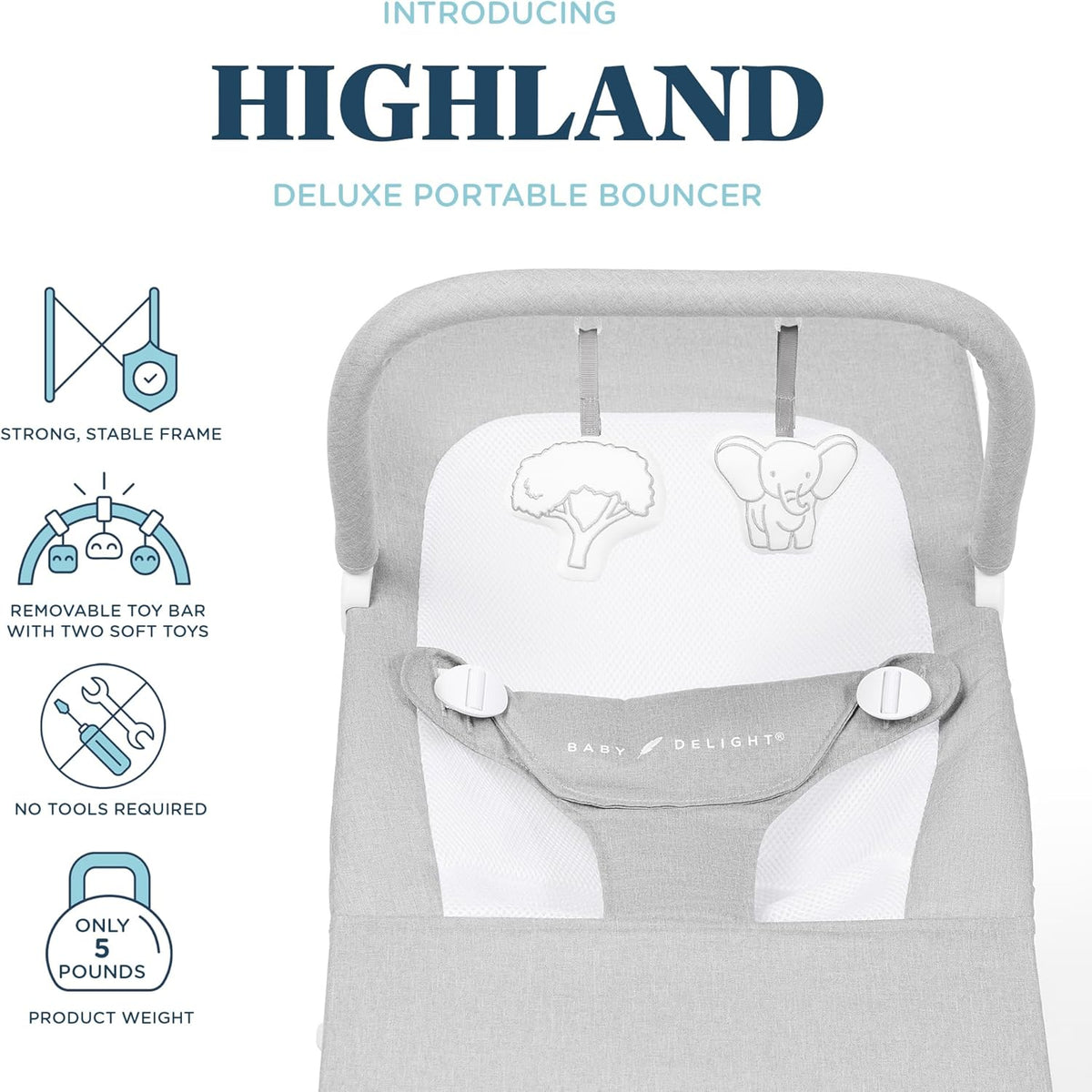 Baby Delight Highland Baby Bouncer | Infant | 0 – 6 Months | 3-Position Recline | Pebble Grey