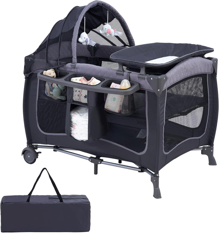 Portable Baby Crib, Foldable Baby Portacot, Travel Playard with Canopy, Nursery Center, Foldable Travel Playard with Changing Table, Soft Mattress, Hanging Toys and Carry Bag