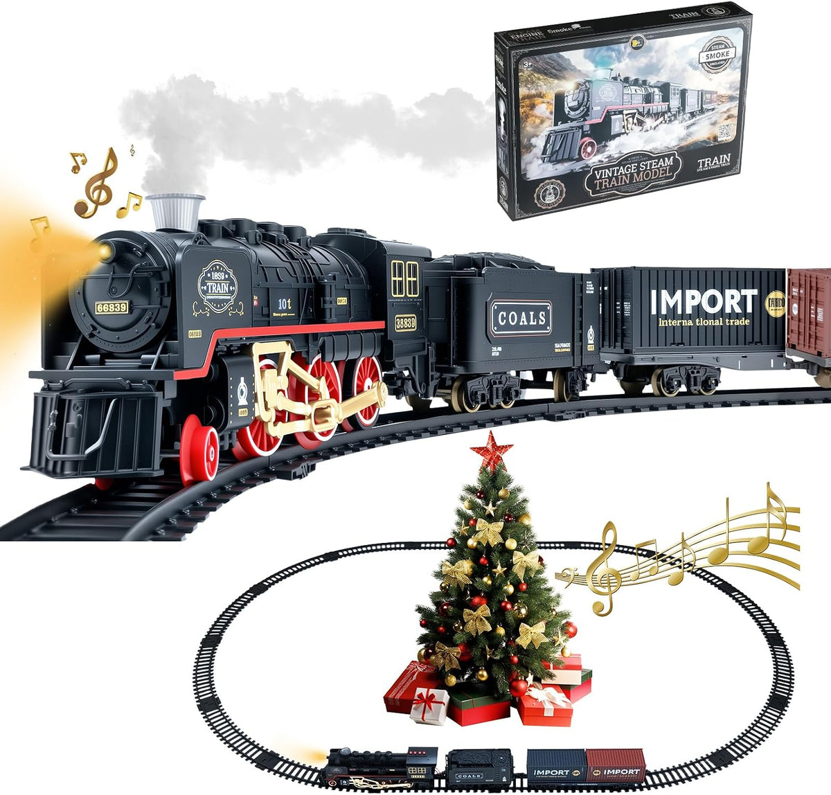 Christmas Train Set with Smoke, Light & Sound, Railway Track Electric Train