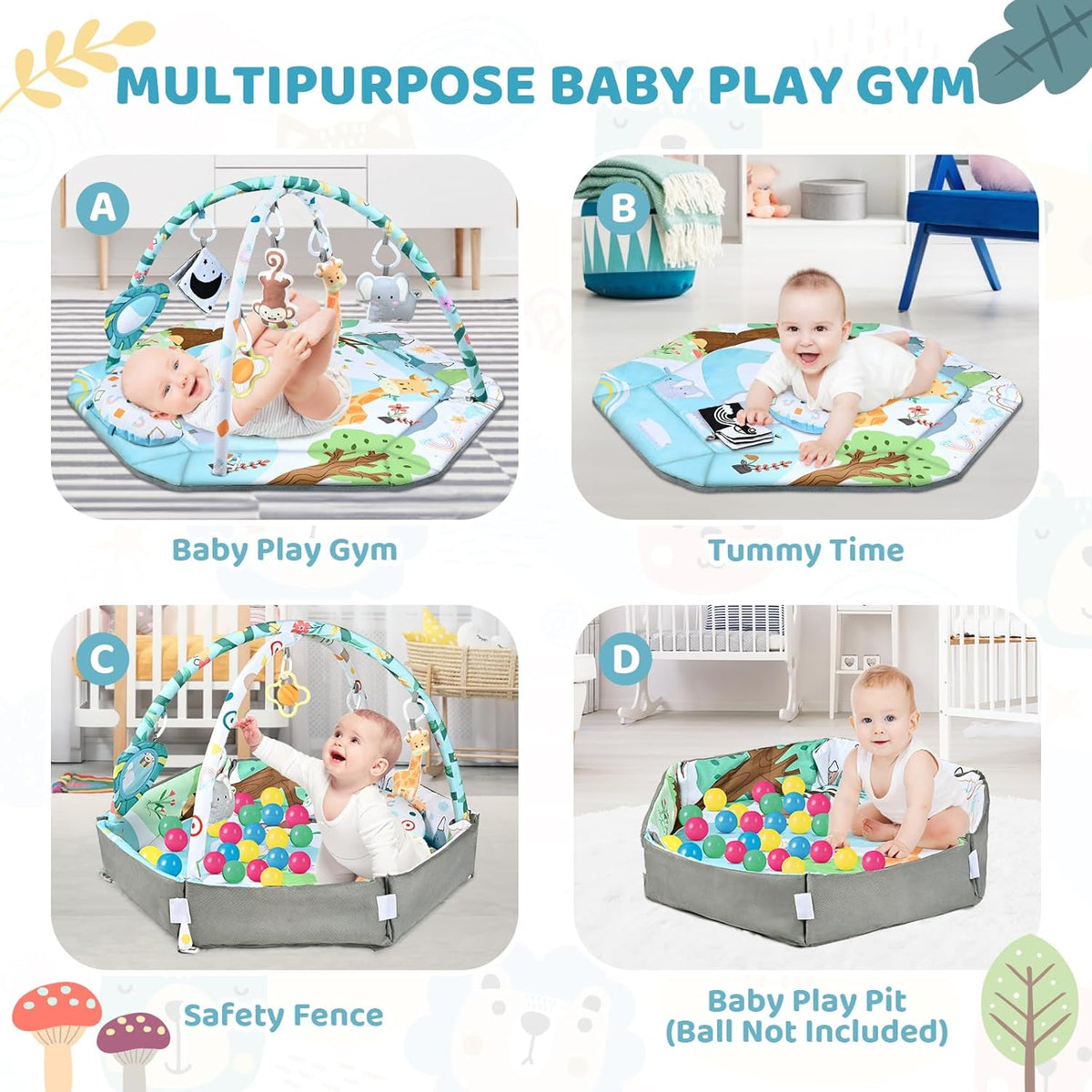 Baby Gym Play Mat, 8-in-1 Tummy Time Mat & Ball Pit with 6 Toys