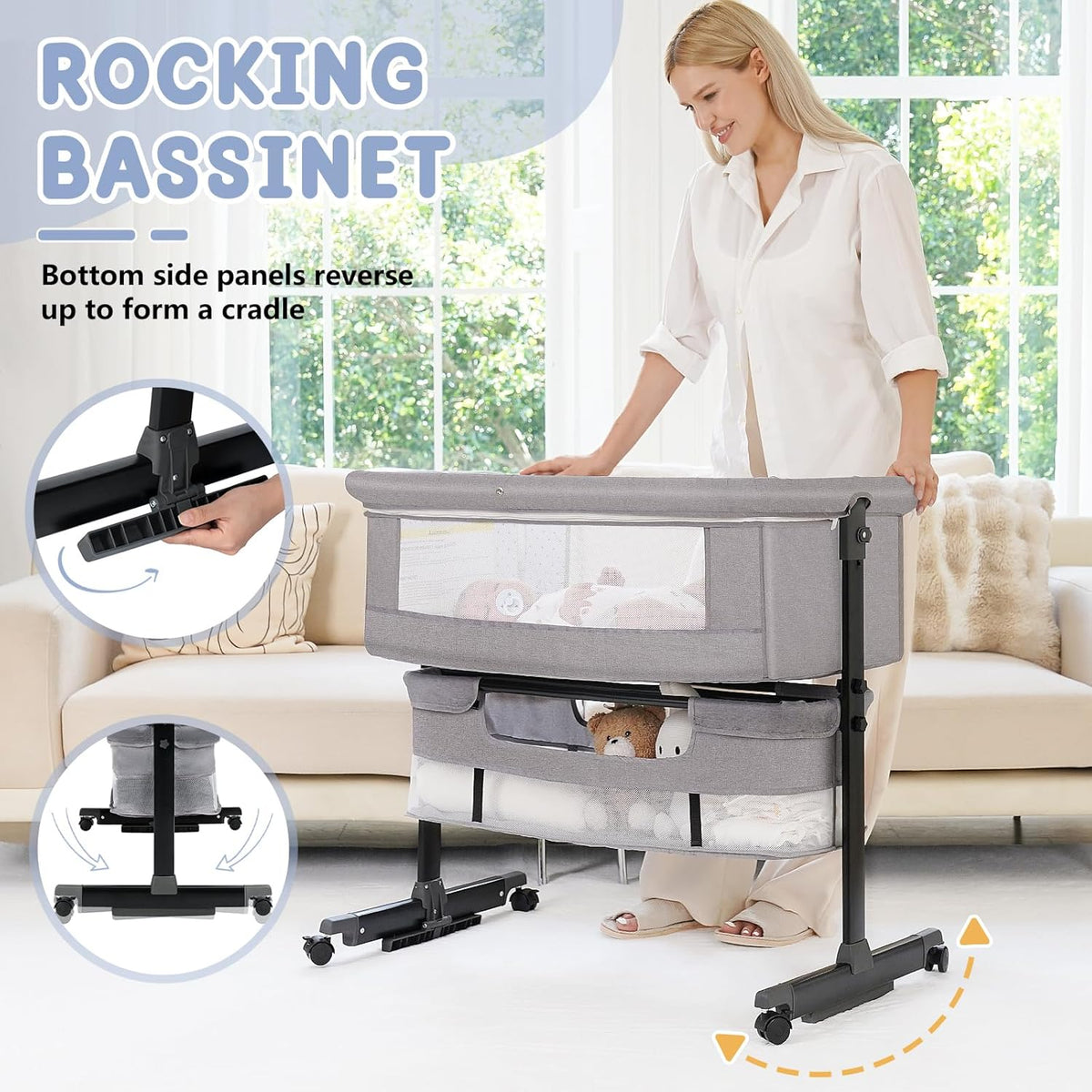 Baby Bassinet, 3 in 1 Bassinets Bedside Sleeper, Adjustable Height Bedside Sleeper with Rocking Mode, Breathable Mesh, Storage Basket, Wheels, Easy Assemble & Folding (Gray)