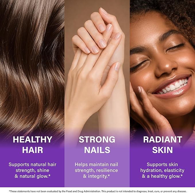 Biotin | Collagen | Hyaluronic Acid | Keratin - Hair Growth & Strength Support Vitamins - Skin & Nails Supplement - Clinically Tested for Men & Women - 25000mcg Vitamins B1, B2, B3, B6 & B7 - 60 Caps