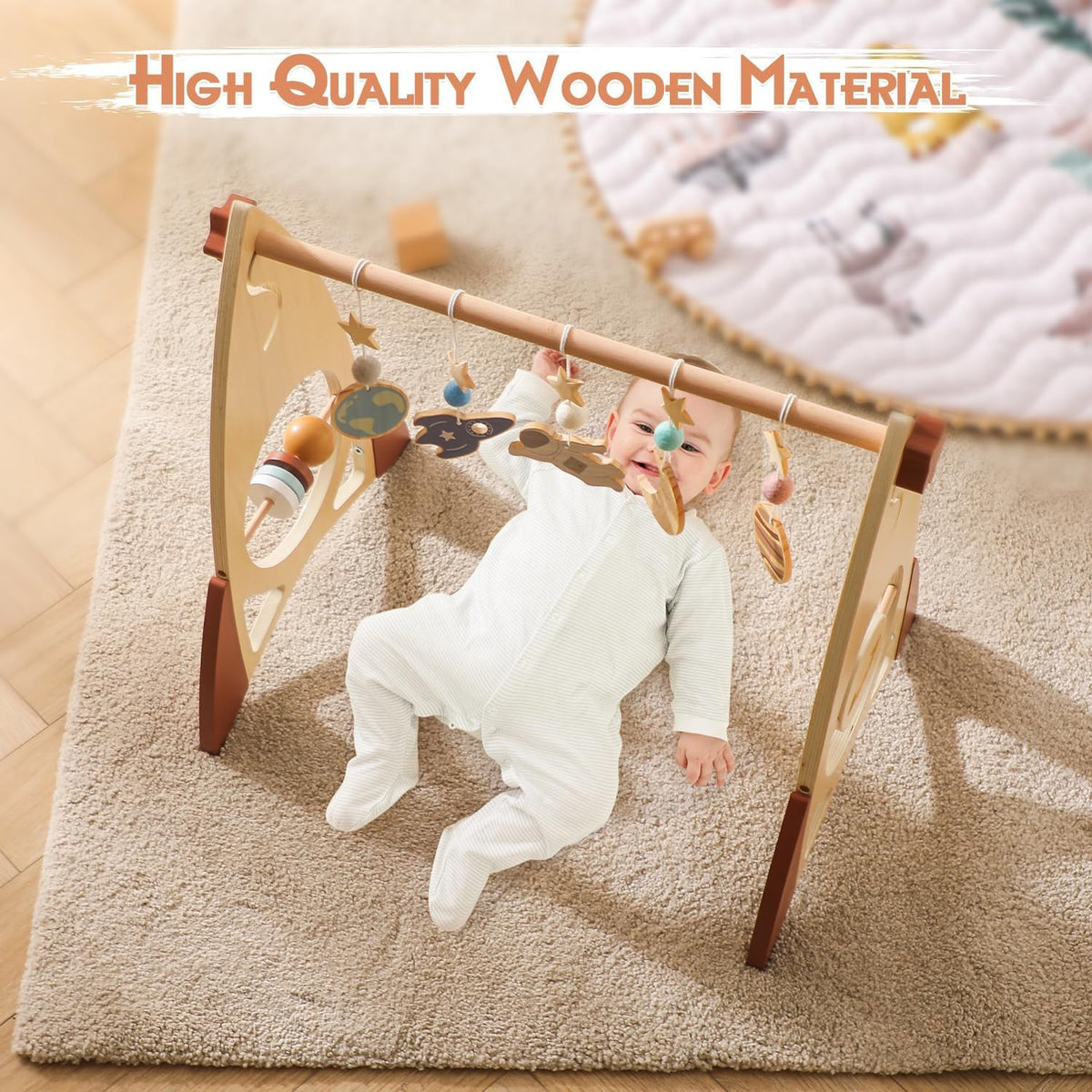 Promise Babe Wooden Rocket Baby Gym Infant Activity Gym with 5 Detachable Toys, (Rocket)