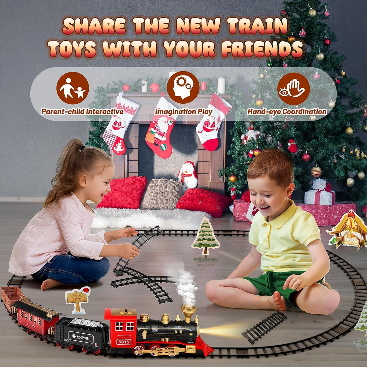 Train Set - Updated Electric Train Toy for Boys w/Smokes, Lights &Sound, Railway Kits w/Steam Locomotive Engine, Cargo Cars & Tracks, Gifts for 3 4 5 6 7 8+ Year Old Kids