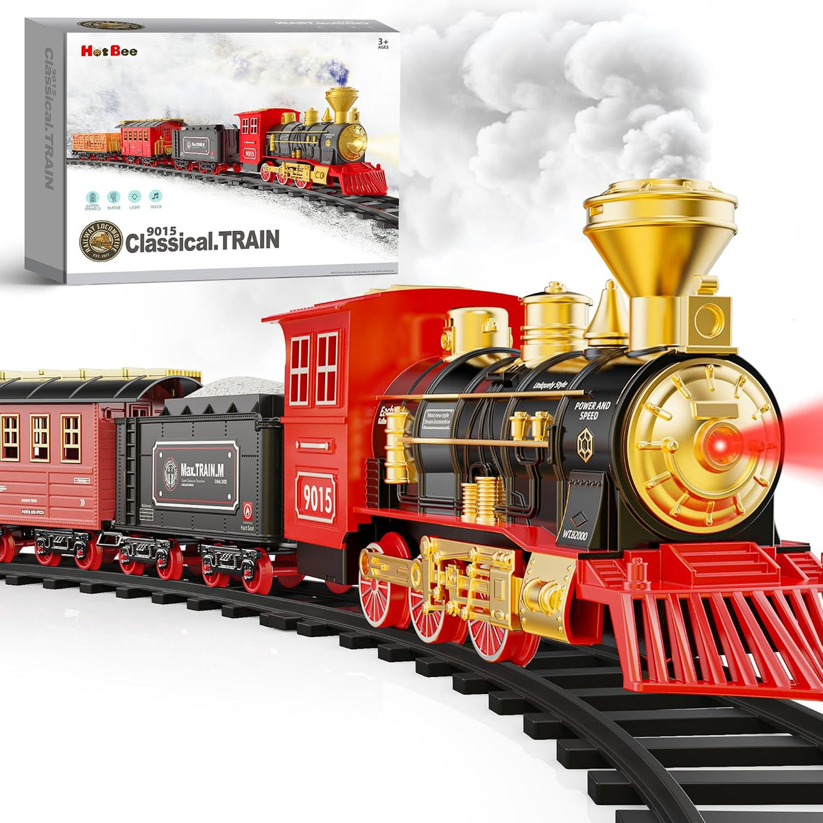 Train Set - Updated Electric Train Toy for Boys w/Smokes, Lights &Sound, Railway Kits w/Steam Locomotive Engine, Cargo Cars & Tracks, Gifts for 3 4 5 6 7 8+ Year Old Kids