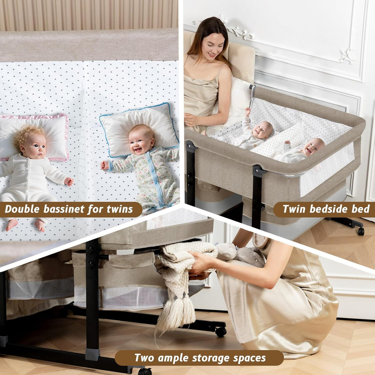 Twin Bassinet for 2 Babies, Double Bassinet for Twins with Mosquito Net & Storage Basket, Portable Foldable Bedside Sleeper for Newborns, Khaki