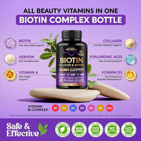 Biotin | Collagen | Hyaluronic Acid | Keratin - Hair Growth & Strength Support Vitamins - Skin & Nails Supplement - Clinically Tested for Men & Women - 25000mcg Vitamins B1, B2, B3, B6 & B7 - 60 Caps
