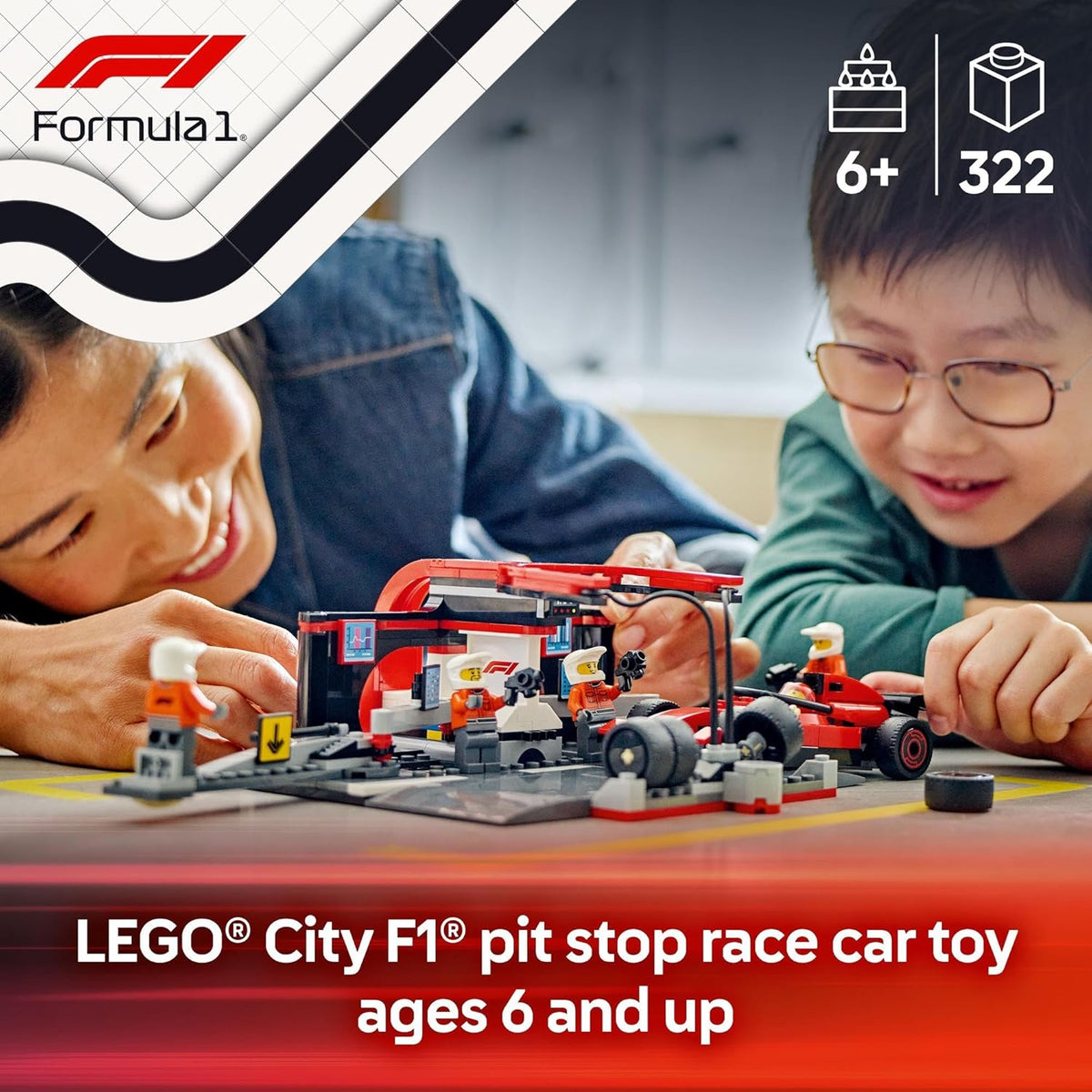 LEGO City F1 Pit Stop & Pit Crew with Ferrari Car Toy for 6+ Year Old