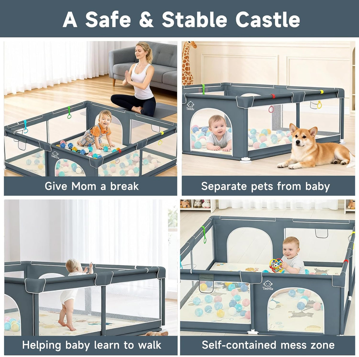 Baby Playpen with Mat 120*120cm, Baby Play Pen with 50 Balls Pit, 4X Handlers and Mat-Grey