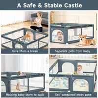 Baby Playpen with Mat 120*120cm, Baby Play Pen with 50 Balls Pit, 4X Handlers and Mat-Grey