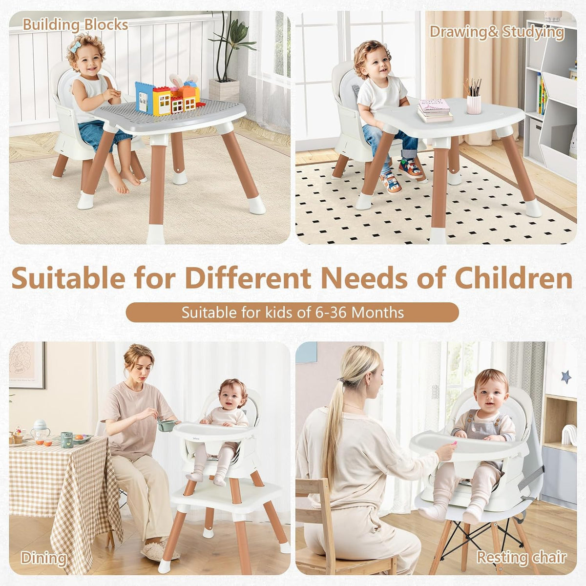 INFANS 8 in 1 Baby High Chair, Convertible Highchair for Babies and Toddlers (White)