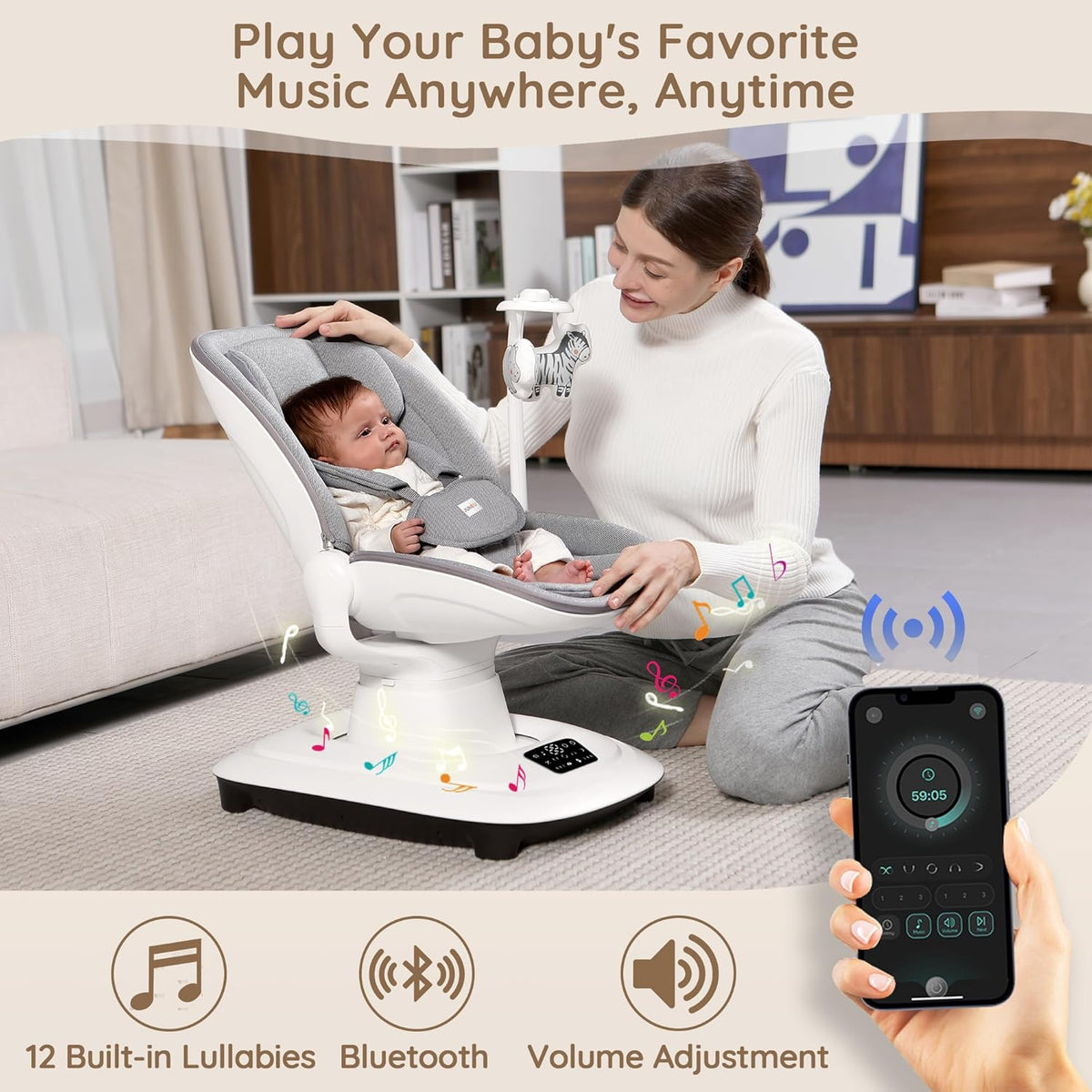 Baby Swings for Infants, Electric 3D-Motion Baby Swings with 7 Modes, 5-Point Harness, APP Control (7-33lbs)