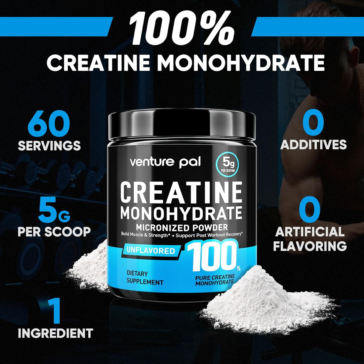 Venture Pal 100% Pure Micronized Creatine Monohydrate Powder, Unflavored Creatine for Women & Men, Vegan, Keto, Gluten Free, 5 g (5000mg) per Serving, Creatina Monohidratada en Polvo