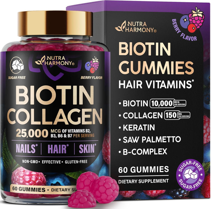 Biotin Gummies with Collagen - Hair Growth Support Skin, & Nail Strength - for Women & Men - 60 Gummy-USA made