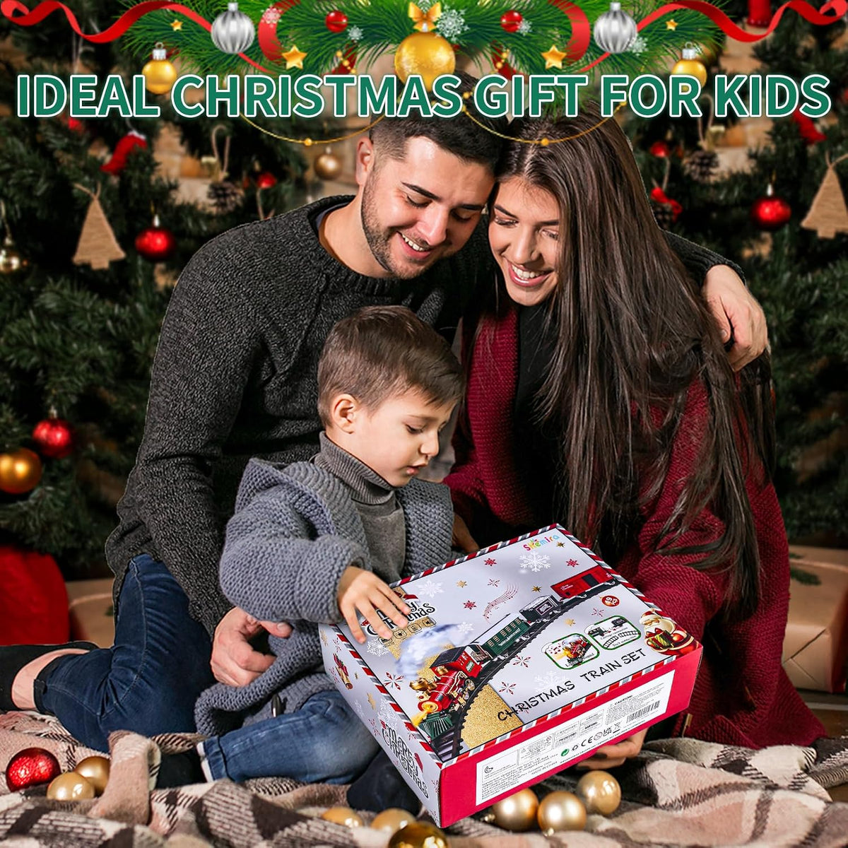 Christmas Train Set Toy, Train with Steam Engine, Cargo Car and Long Track, Light & Sounds for age 3-7