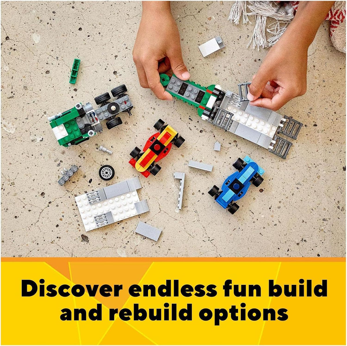 LEGO® Creator 3in1 Race Car Transporter 31113 Toy Truck and Trailer Building Kit;Car Transporter Toy;Crane Toy or Tugboat