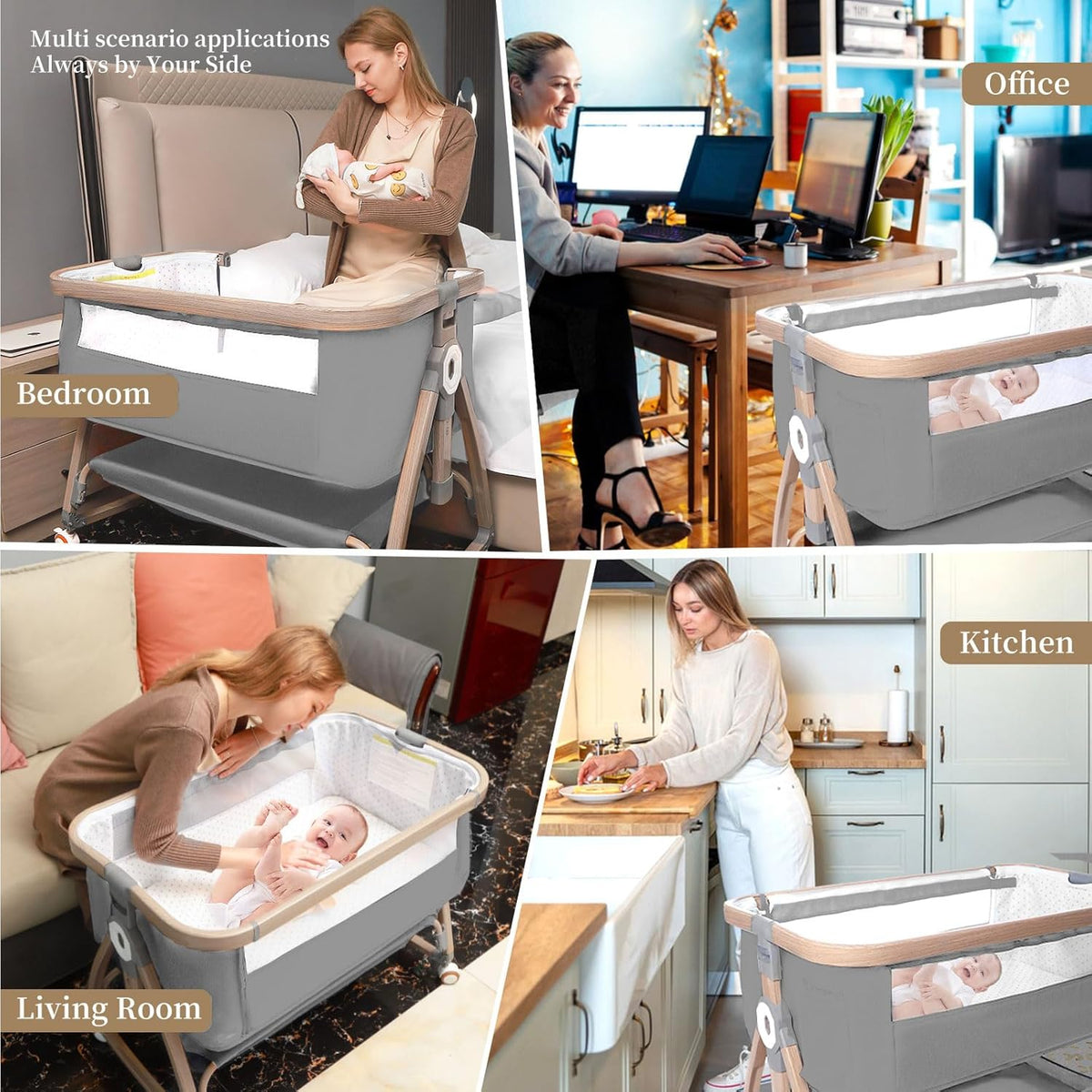 3 in 1 Baby Bassinet, Bedside Sleeper for Baby, Bedside Crib with Wheels & Storage Basket & Mosquito Net, Height Adjustabl