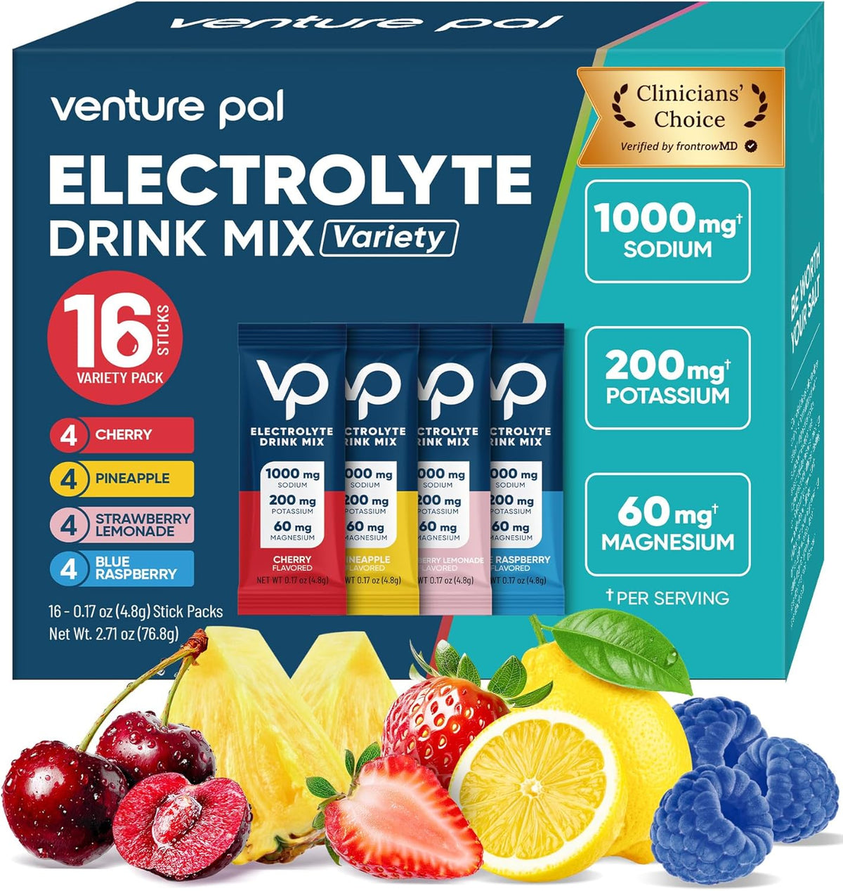 Venture Pal High Sodium Sugar Free Electrolytes Powder Packet, Zero Calories Hydration Packets with Vitamin, Sodium, Potassium & Magnesium, Electrolyte Drink Mix