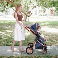 Luxury 2-in-1 Baby Stroller, Foldable Travel Stroller for Newborn to Toddler, Convertible Stroller with All-Terrain Wheels and UPF 50+ Canopy, Baby Glide Blue Stroller