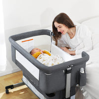 Bedside Baby Bassinet with Mosquito Net, Storage Basket & Travel Bag – 6 Adjustable Heights, Lightweight Aluminum Portable Sleeper for Newborns 0-5 Months