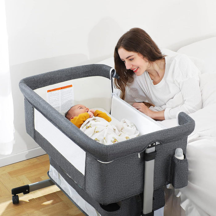 Bedside Baby Bassinet with Mosquito Net, Storage Basket & Travel Bag – 6 Adjustable Heights, Lightweight Aluminum Portable Sleeper for Newborns 0-5 Months