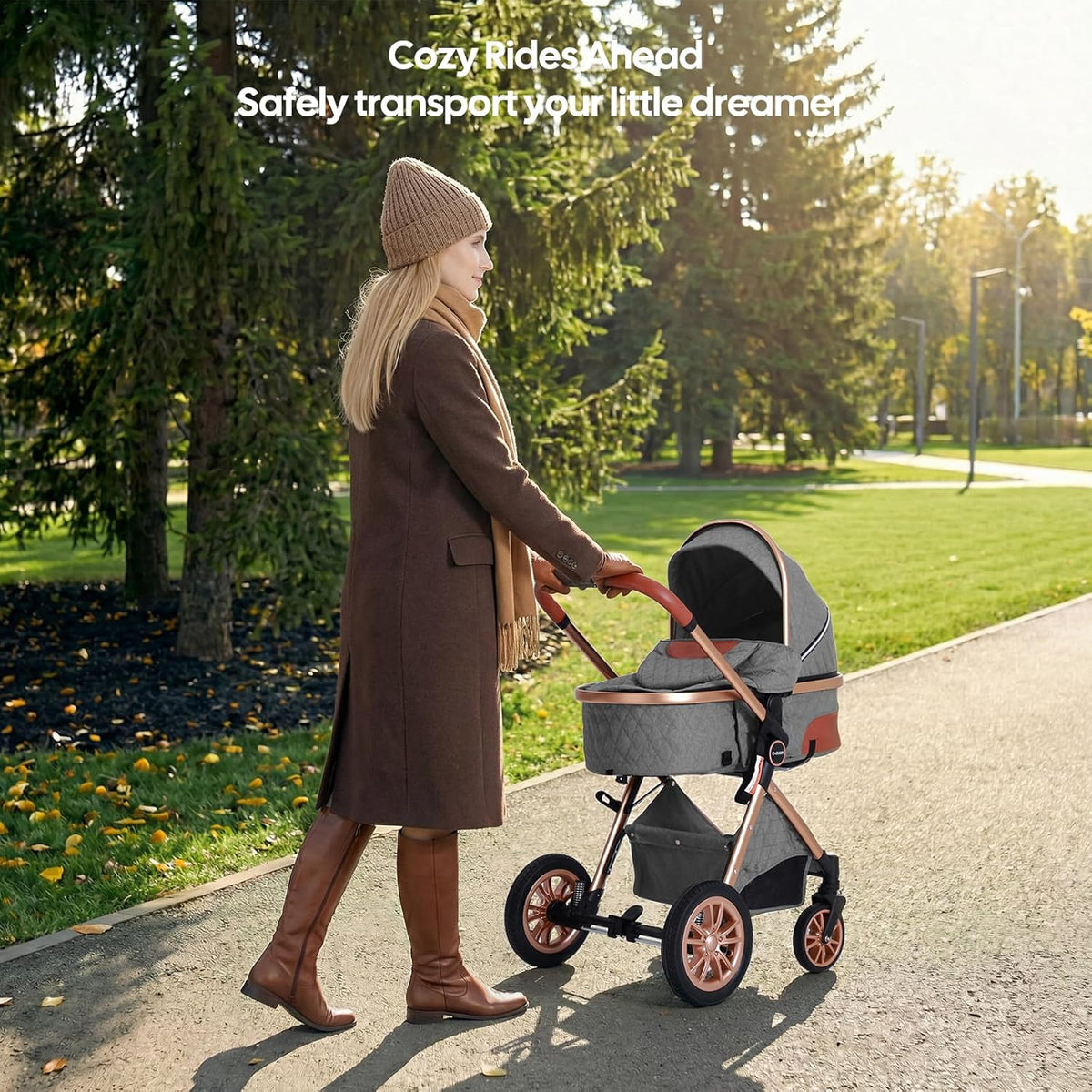 Luxury 2-in-1 Baby Stroller, Foldable Travel Stroller for Newborn to Toddler, Convertible Stroller with All-Terrain Wheels and UPF 50+ Canopy, Baby Glide Gray Stroller
