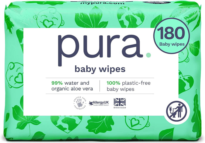 Pura Disposable Baby WC Wipes, 1080 Wipes (18 x 60 Wipes), 100% Plastic Free Wet Wipes, 99% Water, Sensitive Skin, Biodegradable, Organic Cotton