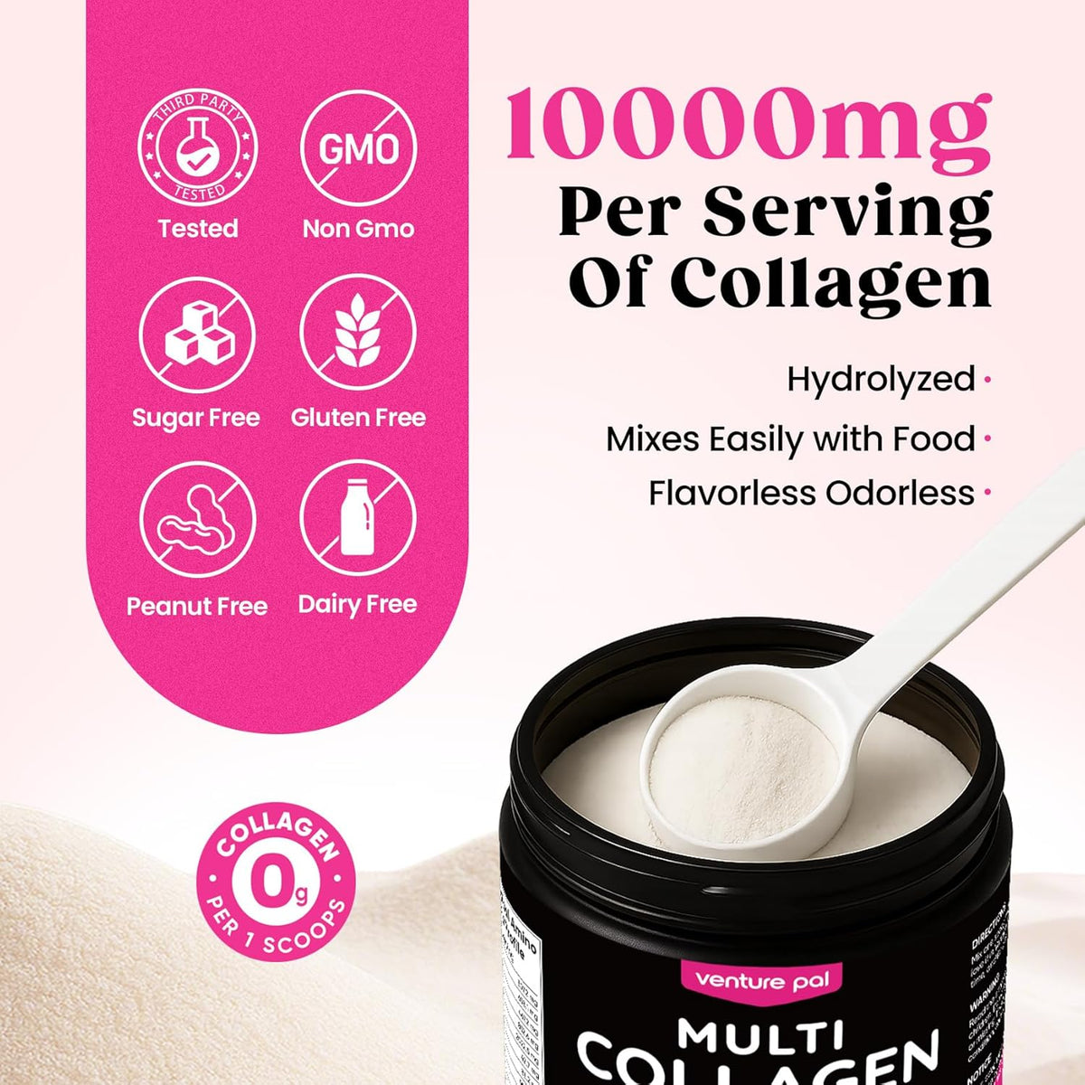 Venture Pal Multi Collagen Protein Powder Type I, II, III, V, X - Hydrolyzed Collagen Peptides MSM + GC & Vitamin C Collagen Supplement for Women & Men | Joint, Hair, Skin & Nail Support | Non-GMO