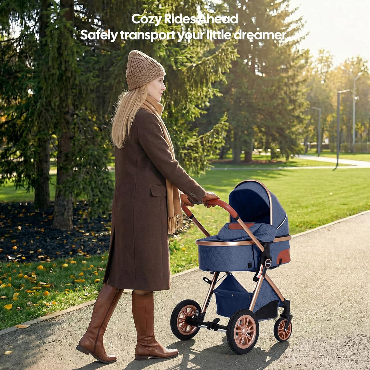 Luxury 2-in-1 Baby Stroller, Foldable Travel Stroller for Newborn to Toddler, Convertible Stroller with All-Terrain Wheels and UPF 50+ Canopy, Baby Glide Blue Stroller