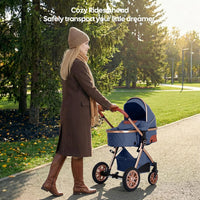 Luxury 2-in-1 Baby Stroller, Foldable Travel Stroller for Newborn to Toddler, Convertible Stroller with All-Terrain Wheels and UPF 50+ Canopy, Baby Glide Blue Stroller