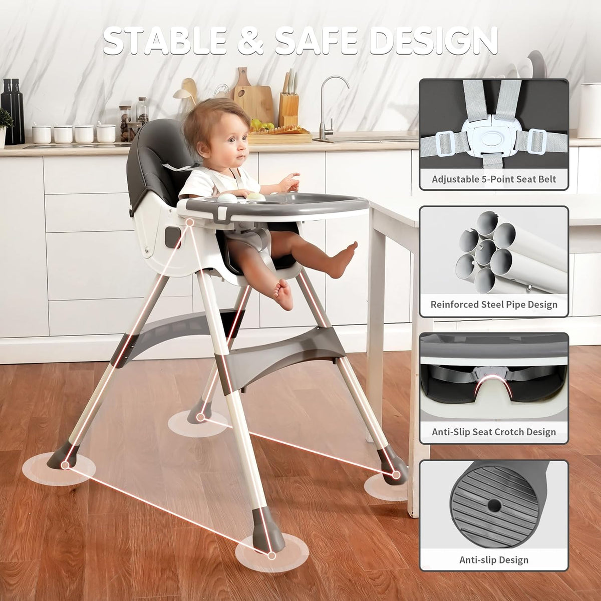 Portable Baby High Chair, 6 in 1 Convertible High Chairs for Babies & Toddlers with 5-Point Safety Harness