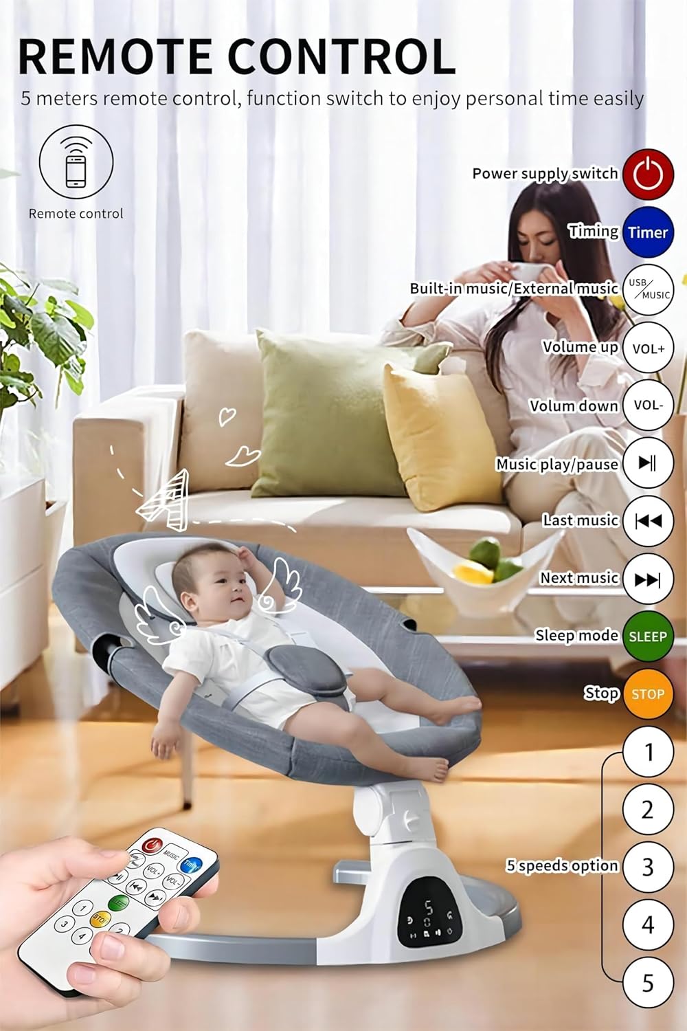Baby Swings for Infants to Toddler-Electric Bluetooth Infant Swing with Remote Control, Rocker with 5 Speeds, 5-Point Harness,3 Seat Positions,12 Preset Lullabies (Grey)