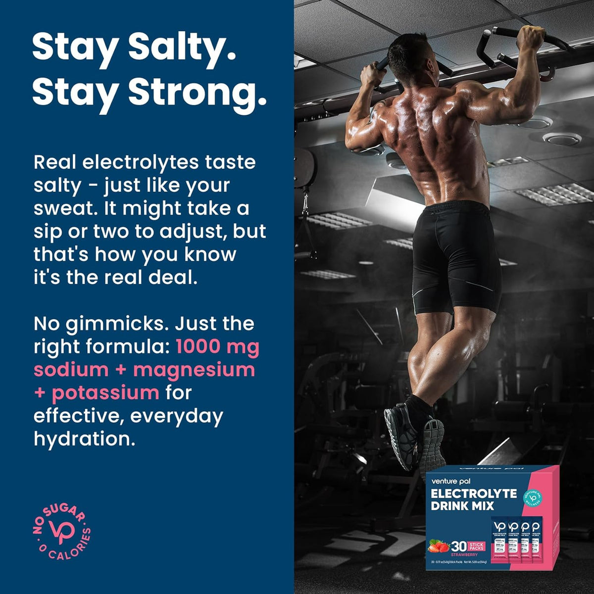 Venture Pal High Sodium Sugar Free Electrolytes Powder Packet,Strawberry Flavour,30 Pack