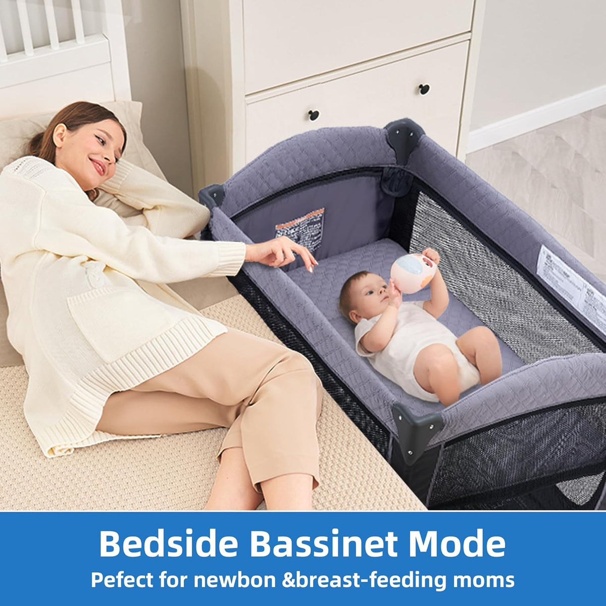 Portable Baby Crib, Foldable Baby Portacot, Travel Playard with Canopy, Nursery Center, Foldable Travel Playard with Changing Table, Soft Mattress, Hanging Toys and Carry Bag
