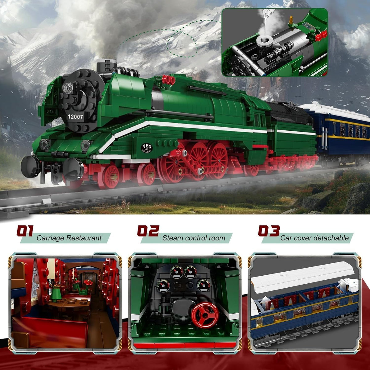 Mould King 12007 German Express Steam Train Building Set, LED Motor Track Model Block Kit, STEM Toy to Build Gift Boys Girls Aged 14+ 2348pcs