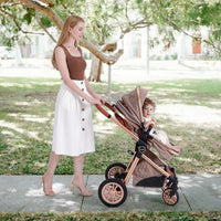 Luxury 2-in-1 Baby Stroller, Foldable Travel Stroller for Newborn to Toddler, Convertible Stroller with All-Terrain Wheels and UPF 50+ Canopy, Baby Glide Khaki Stroller