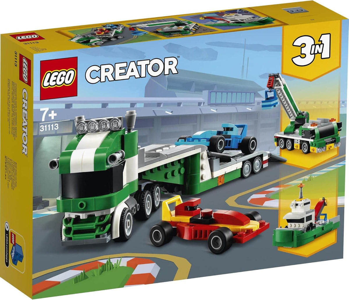 LEGO® Creator 3in1 Race Car Transporter 31113 Toy Truck and Trailer Building Kit;Car Transporter Toy;Crane Toy or Tugboat