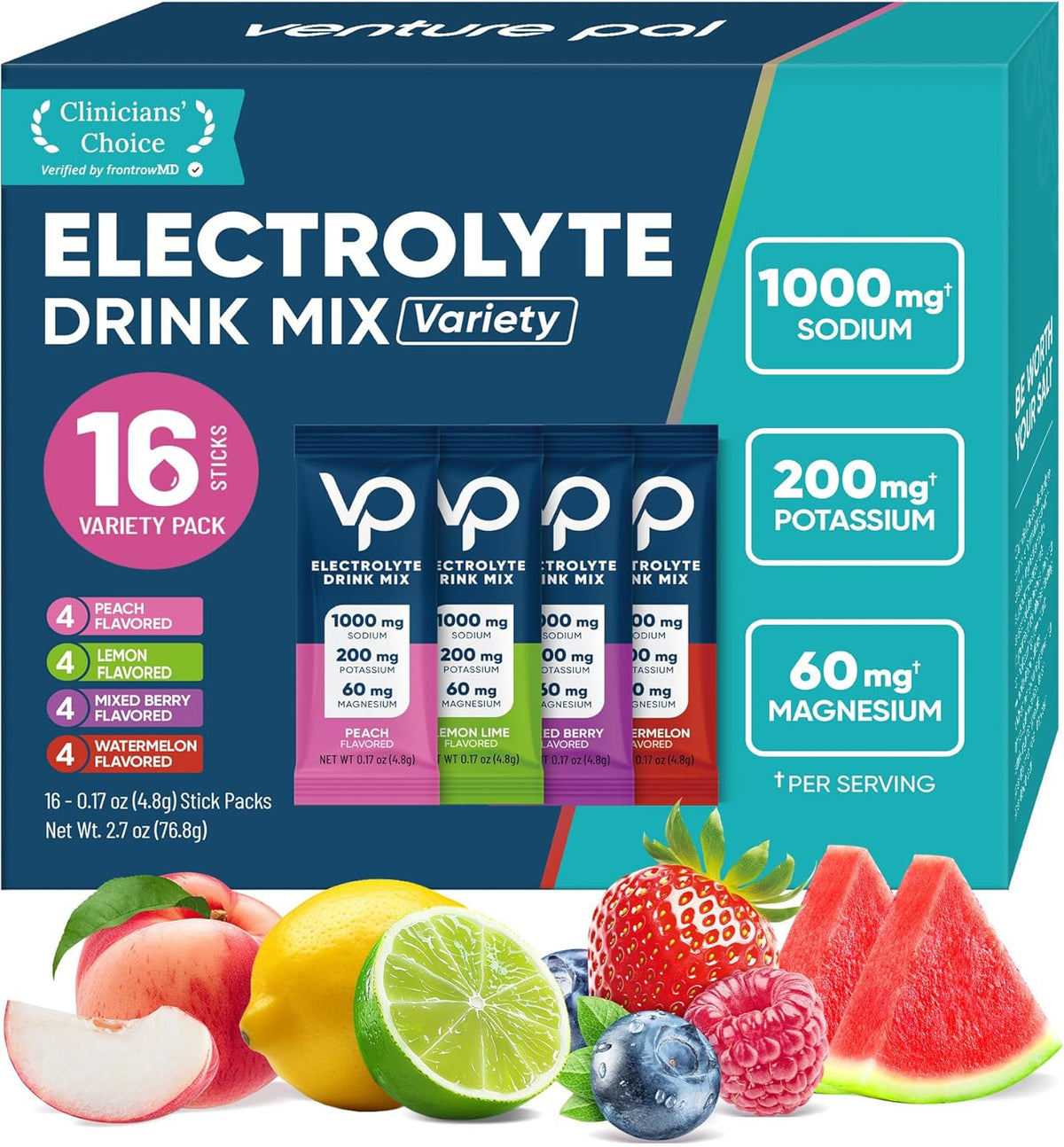 Venture Pal High Sodium Sugar-Free Electrolyte Powder Packets - Hydration Packets with Sodium, Potassium & Magnesium | Zero Calories | Vegan, Keto, and Paleo Friendly | 16 Sticks