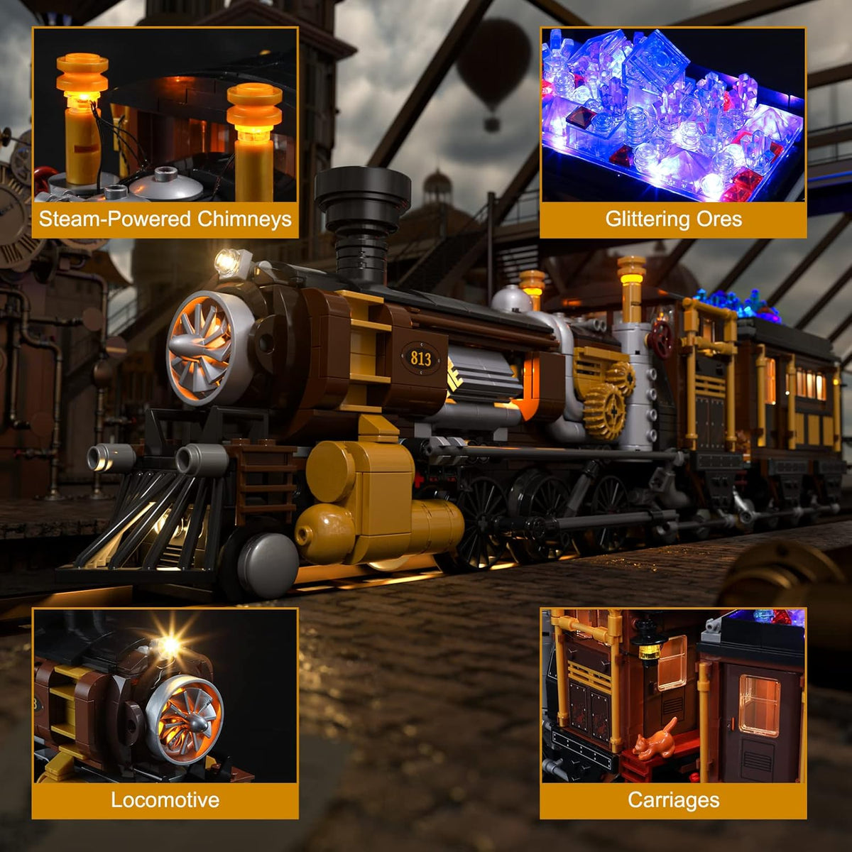 Funwhole Train Lighting Building Bricks Set - Steampunk Ore Train LED Light Building Set 1056 Pieces for Adults and Teens