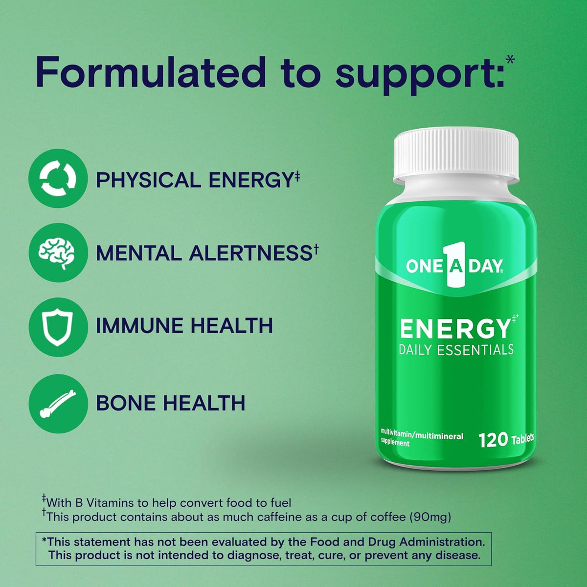 One A Day Energy Daily Essentials Multivitamin, Energy Supplement to Support Mental Alertness and Immune Health with Vitamins A C, D, E, Zinc and Caffeine, 120 Count