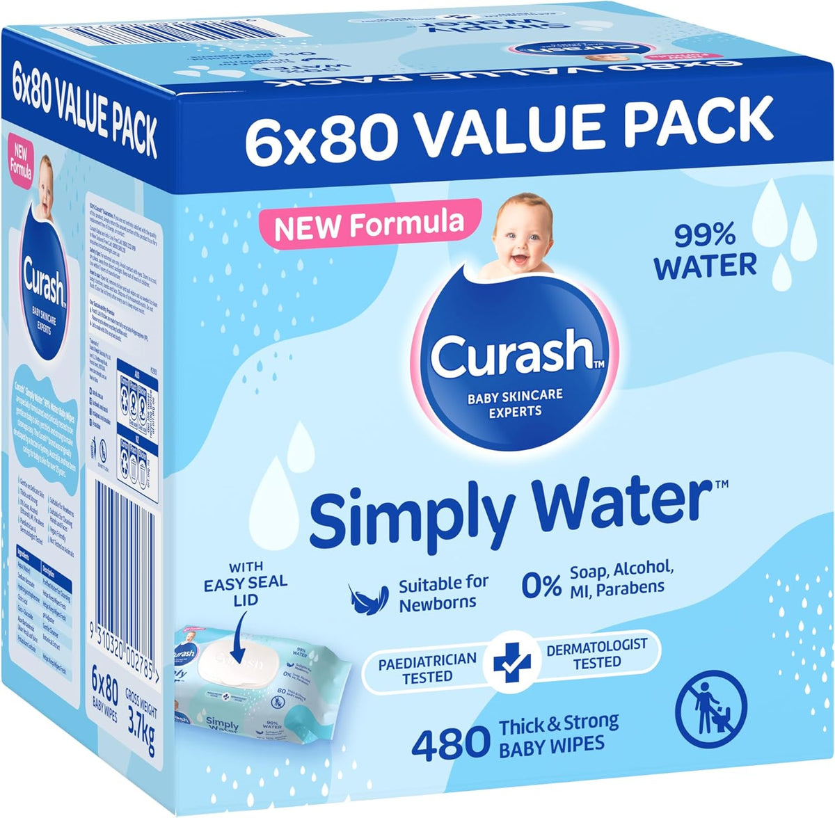 Curash Simply Water Baby Wipes - Ideal for Newborns - 480 wipes