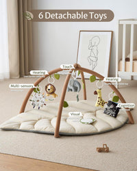 Blissful Diary Baby Play Gym & Activity Mat, Leaf Shaped Baby Tummy Time Play Mat with 6 Detachable Toys, Promotes Motor Skills & Sensory Development, Oatmeal Beige