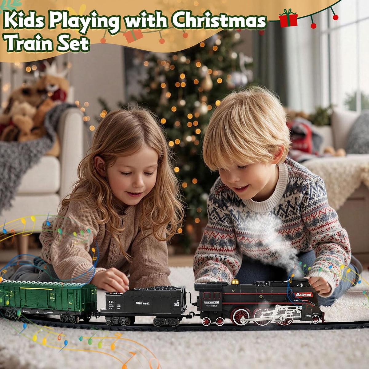 Remote Control Train Set for Kids 3+, Electric Train with Smoke & Lights