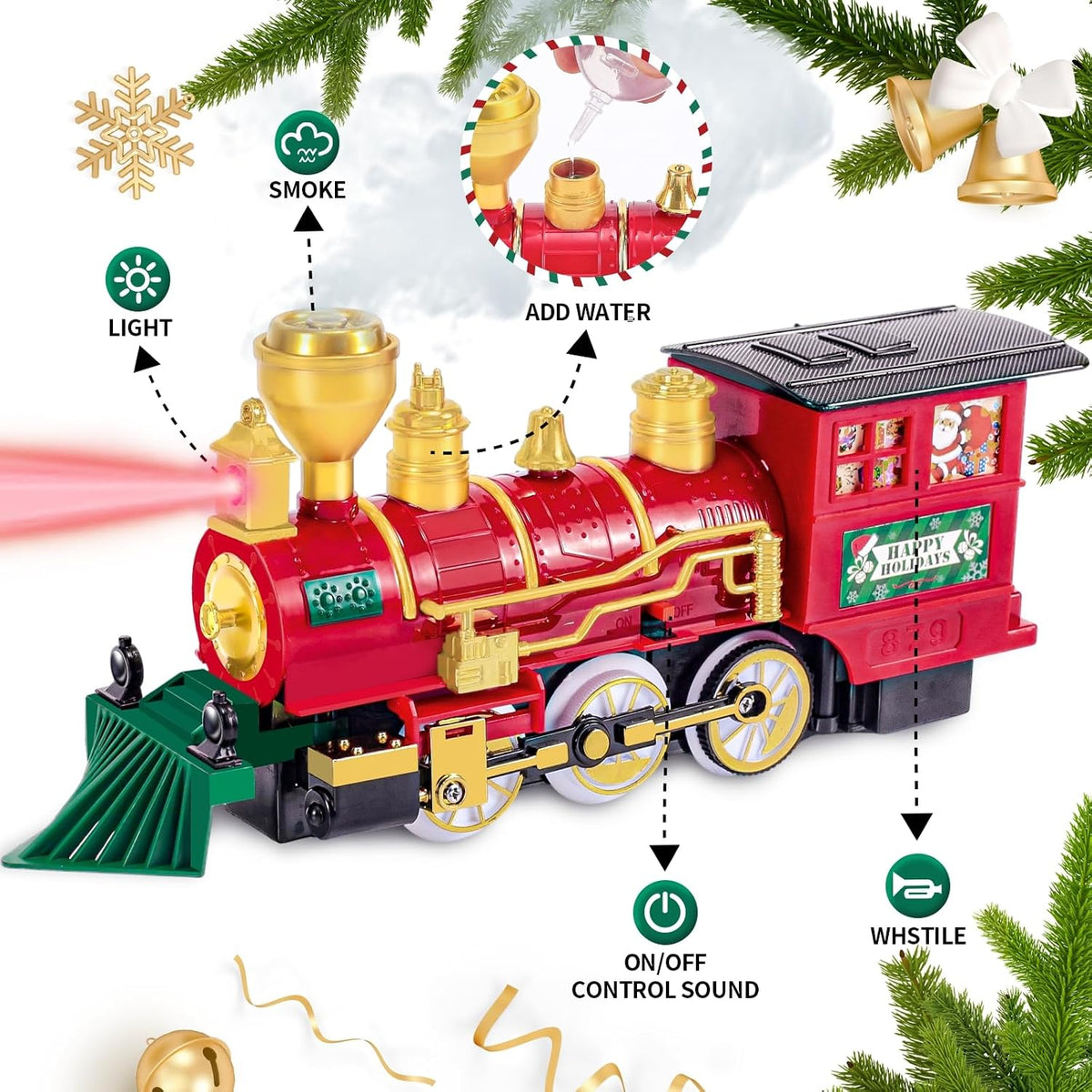 Christmas Train Set Toy, Train with Steam Engine, Cargo Car and Long Track, Light & Sounds for age 3-7