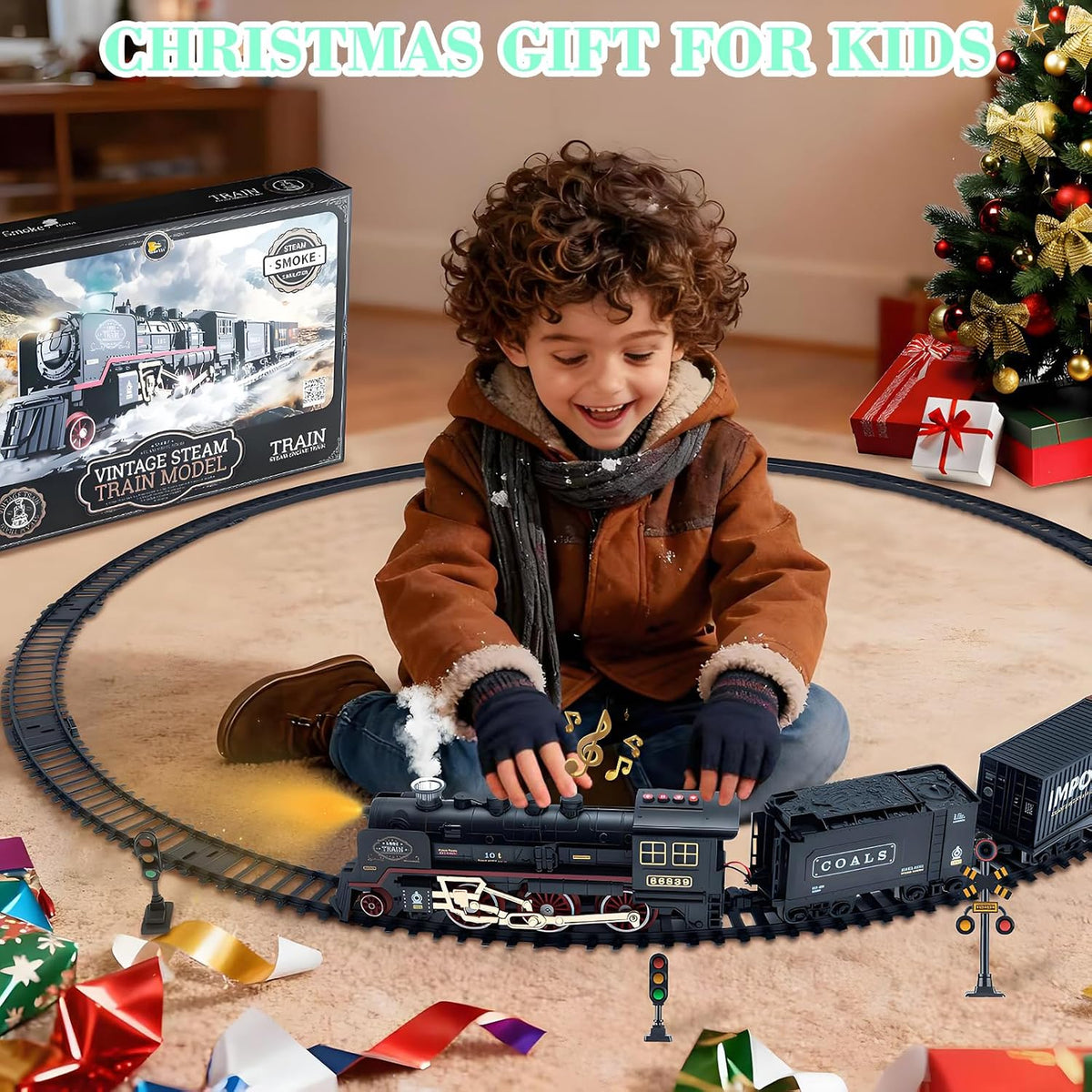 Christmas Train Set with Smoke, Light & Sound, Railway Track Electric Train