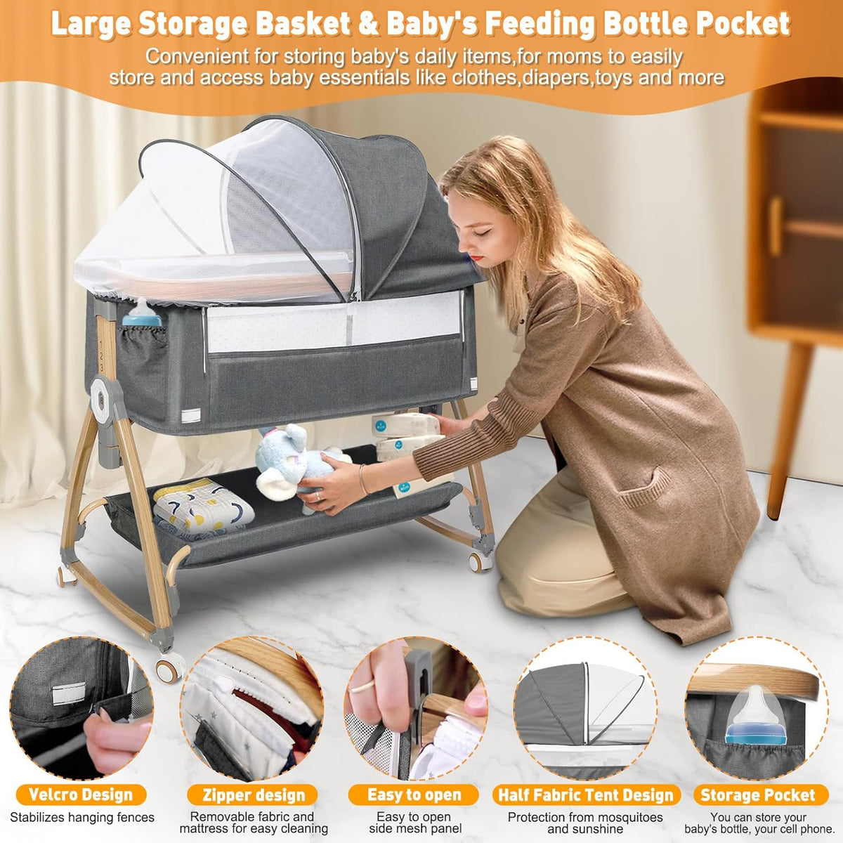 3 in 1 Baby Bassinet, Bedside Sleeper for Baby, Bedside Crib with Wheels & Storage Basket & Mosquito Net, Height Adjustabl